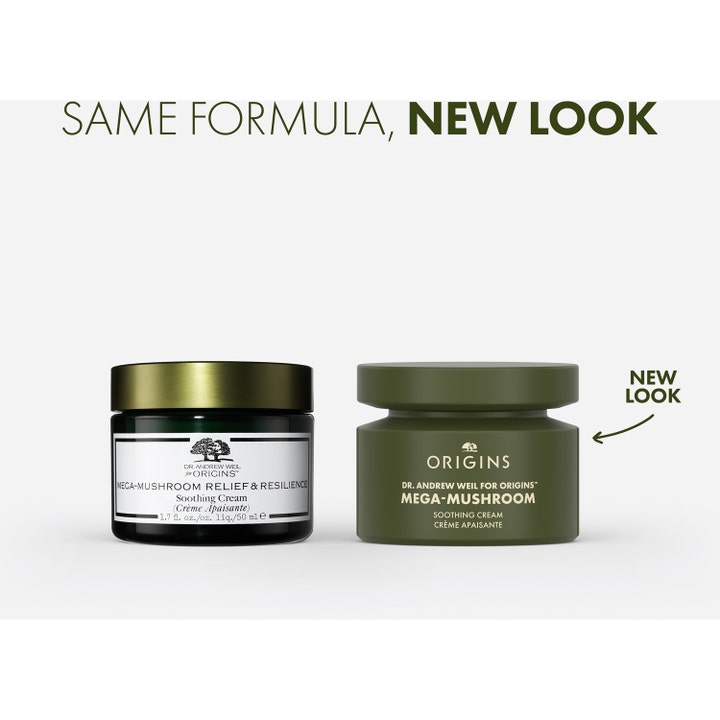 Origins Mega-Mushroom 50 ml lugnande ansiktskräm anti rodnad i ny matt grön burk bredvid gammal design.