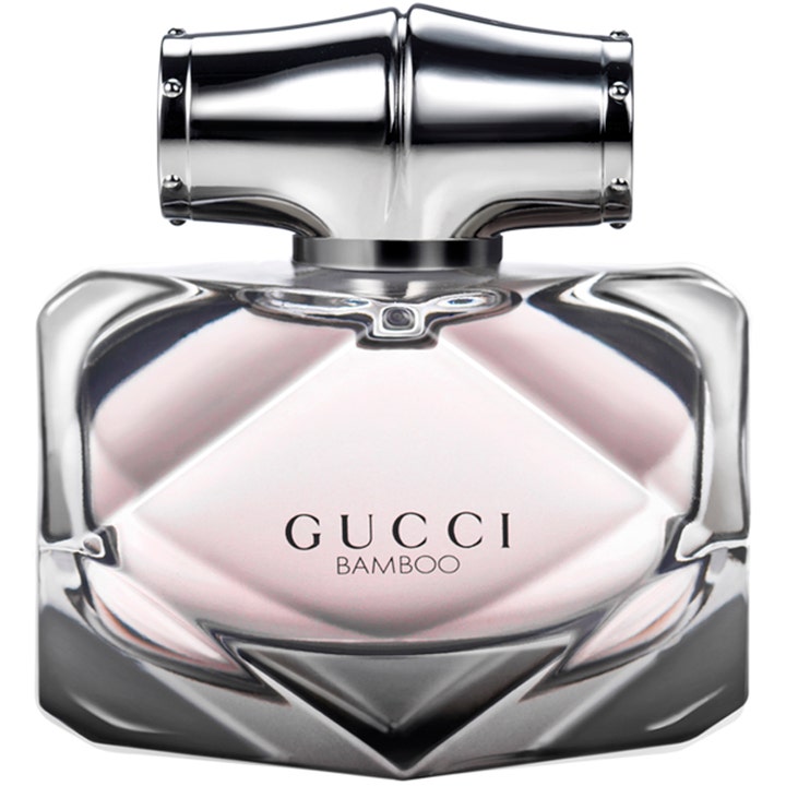 Gucci Bamboo Eau de Parfum 50 ml blommig parfym i fasetterad glasflaska med rosa vätska och ett silverlock format som bambu