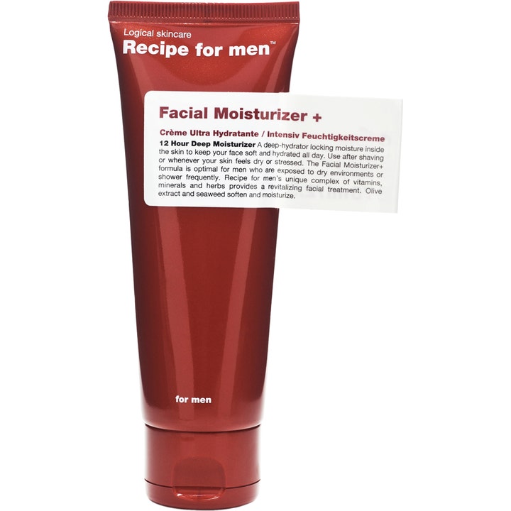Recipe for men Facial Moisturizer + 12 timmars återfuktande ansiktskräm i en djupröd plasttub med vit etikett