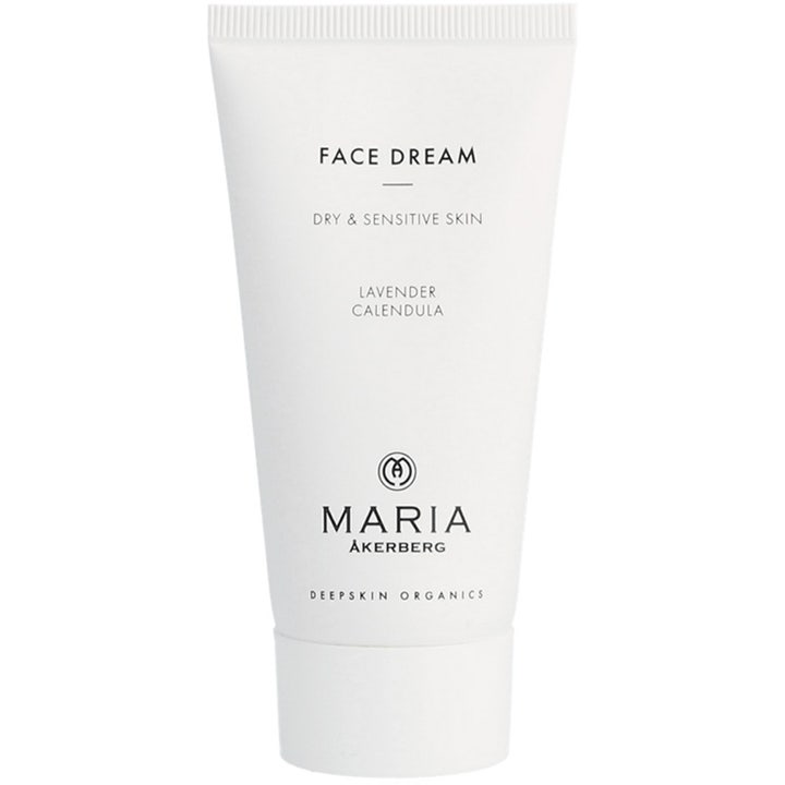 Maria Åkerberg Face Dream dagkräm känslig torr hud ger fukt och lugnar med lavendel i en vit minimalistisk plasttub.
