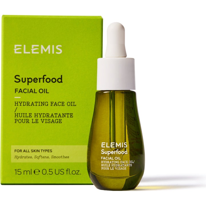 Elemis Superfood Facial Oil 15 ml närande ansiktsolja för glöd i grön glasflaska med pipett