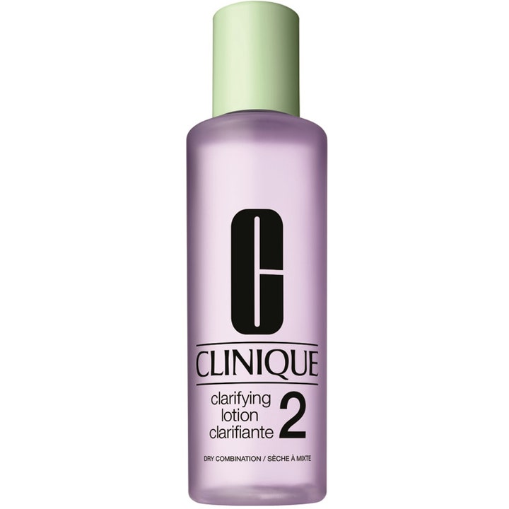 Clinique Clarifying Lotion 2 klargörande ansiktslotion vårdande i lila transparent flaska med mintgrönt lock.