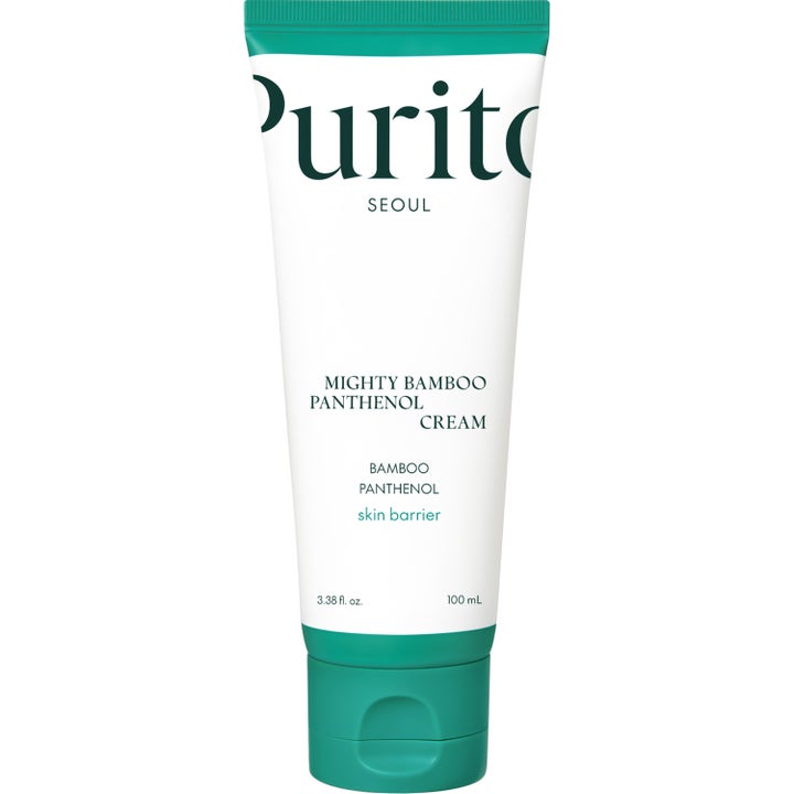 Purito Seoul Mighty Bamboo Panthenol Cream 100 ml stärker hudbarriären i en vit tub med mörkgrönt lock