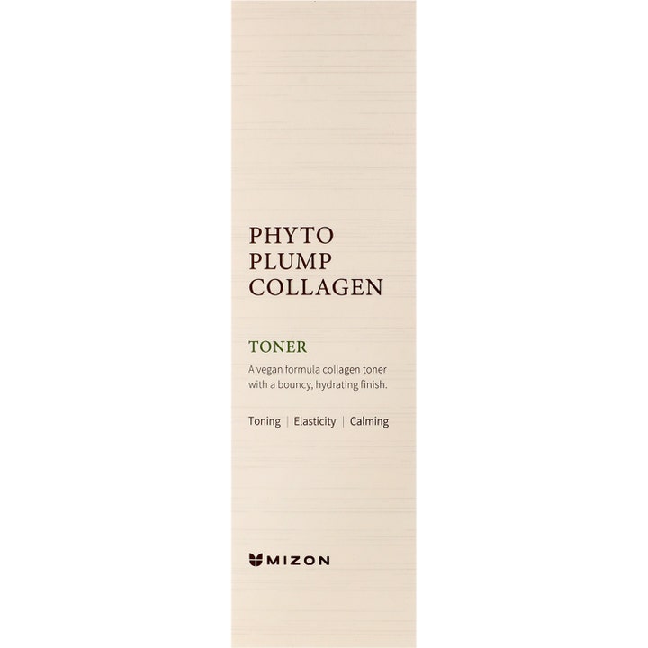 Mizon Phyto Plump Collagen Toner 150 ml återfuktande ansiktsvatten i beige kartong med text om vegansk formula