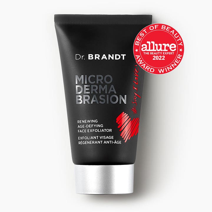 Dr Brandt Microdermabrasion 60 g ansiktspeeling för finare hudstruktur i svart tub med Allure Award 2022-märke.