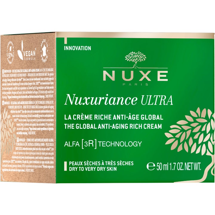 Nuxe Nuxuriance Ultra 50 ml anti-aging dagkräm för torr hy i grön och guldfärgad box med Alfa [3R] Technology.