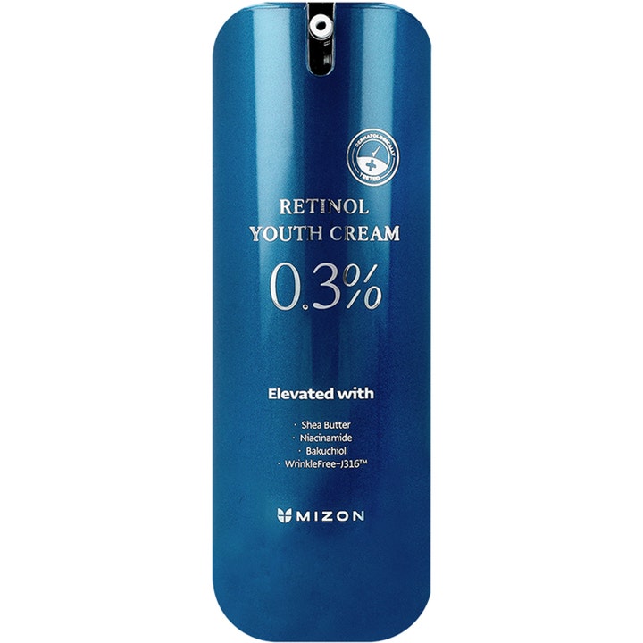 Mizon Retinol Youth Cream 0.3% anti-aging ansiktskräm i en stilren metallisk blå pumpflaska.