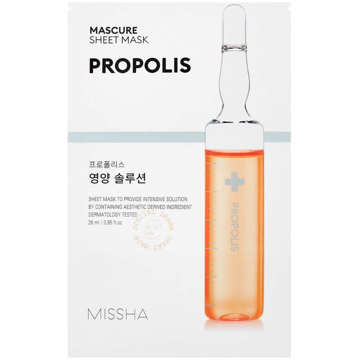 Missha Mascure Sheet Mask Propolis 28 ml intensiv koreansk sheet mask som ger näring i vit sachet med orange ampull