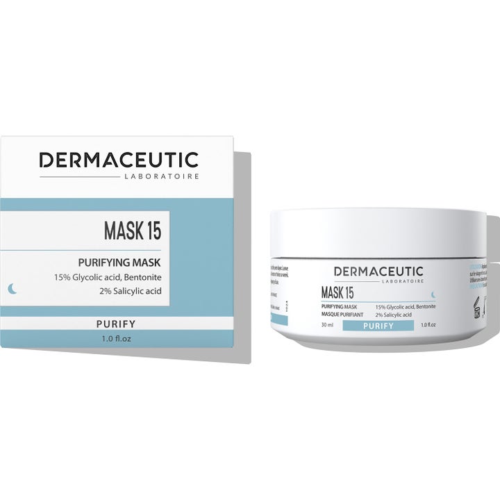 Dermaceutic Mask 15 30 ml djuprengörande ansiktsmask med glykolsyra i vit burk och blåvit ytterkartong