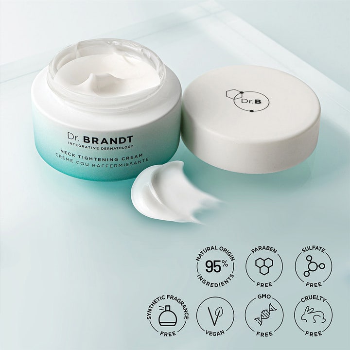 Dr. Brandt Neck Tightening Cream nackkräm för nackuppstramning i vit och turkos burk med fyllig vit krämtextur