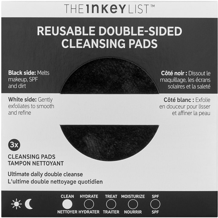 The INKEY List Reusable Cleansing Pads 3-pack miljövänlig ansiktsrengöring i svartvit förpackning.