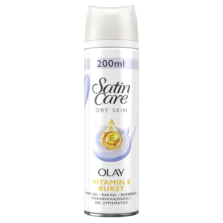 Gillette Satin Care 200ml rakgel med vitamin e hudvård för torr hud i en vit flaska med lila detaljer