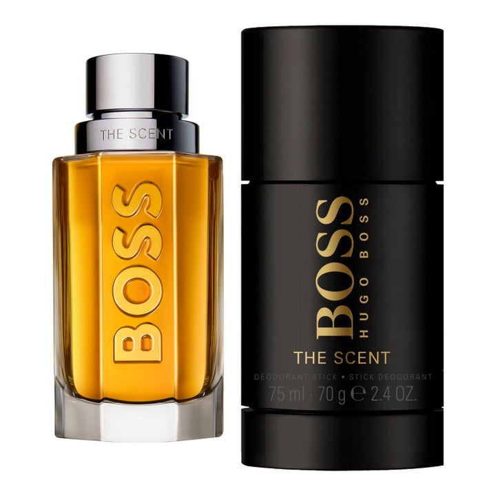 Hugo Boss Boss The Scent Set 50ml och 75ml presentask med bärnstensfärgad vätska i glasflaska och svart deostick