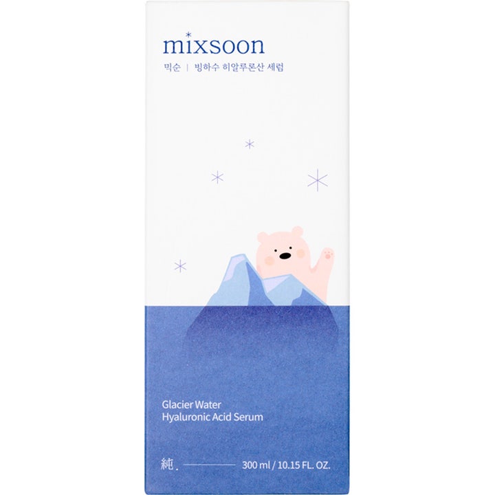 Mixsoon Glacier Water Hyaluronic Acid Serum 300 ml fuktgivande serum i vit och blå ytterförpackning med isbjörn.