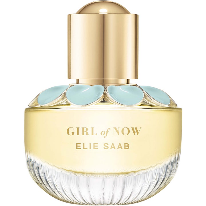 Elie Saab Girl Of Now 30 ml parfym i rund glasflaska dekorerad med ljusblå kronblad och guldkork