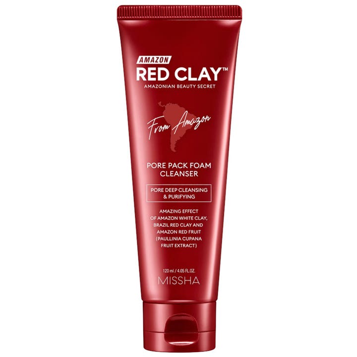 Missha Amazon Red Clay Pore Pack Foam Cleanser 120 ml djuprengörande ansiktsrengöring med lera i röd tub för rena porer