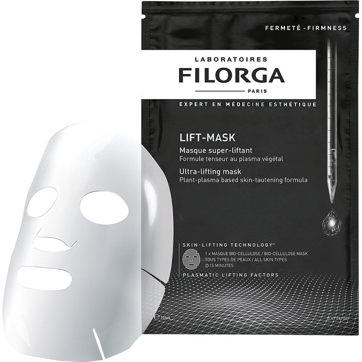 Filorga Lift-Mask 23 ml uppstramande sheet mask i svart förpackning bredvid en vit ansiktsmask