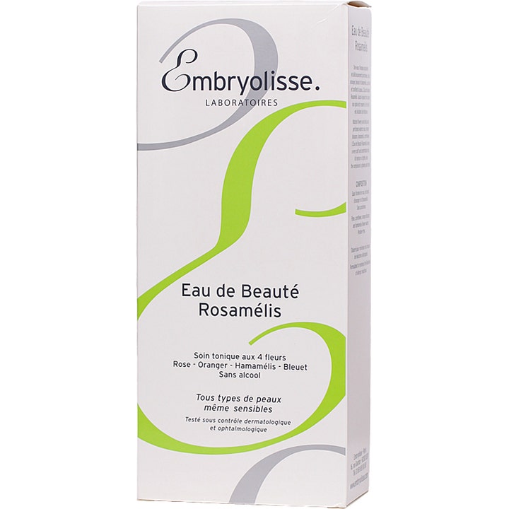 Embryolisse Eau de Beauté Rosamélis 200 ml alkoholfritt rosvatten i en vit ytterförpackning med gröna linjer.