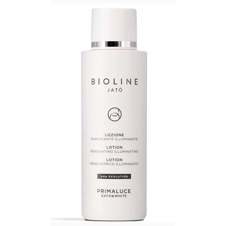 Bioline Jato Primaluce Exfo&White lystergivande AHA lotion för AHA exfoliering i vit flaska med lock och silverkant