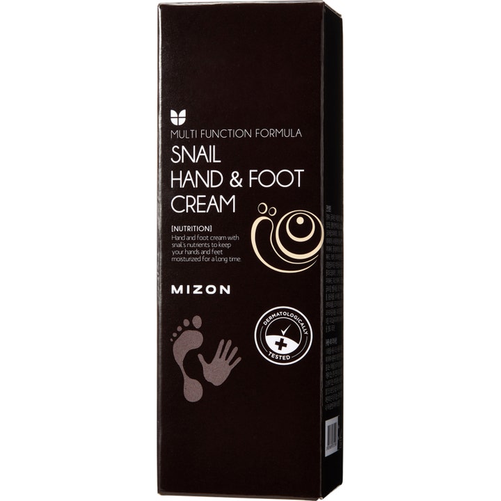 Mizon Snail Hand & Foot Cream återfuktande handkräm och fotvård kräm i en mörkbrun pappersförpackning.