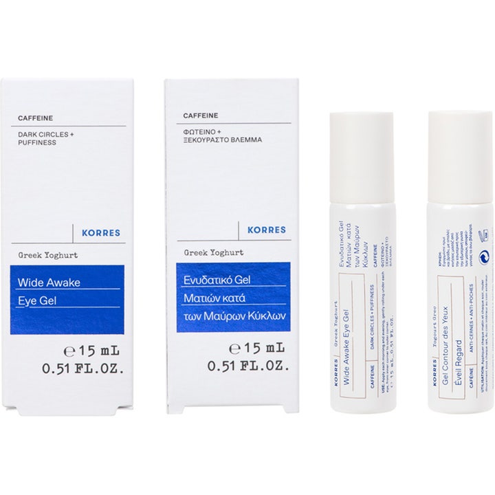 Korres Greek Yoghurt Wide Awake Eye Gel 15 ml ögonkräm med koffein mot svullnad i vit roller och ytterkartong