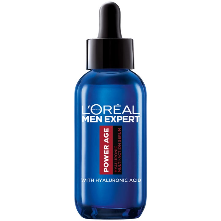 L'Oréal Men Expert Power Age Hyaluronic Multi-Action Serum återfuktande anti-aging herrserum i blå glasflaska med pipett.