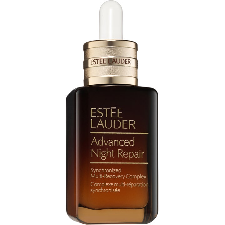 Estée Lauder Advanced Night Repair anti-aging ansiktsserum i brun glasflaska med lyxig återfuktning och gulddetaljer