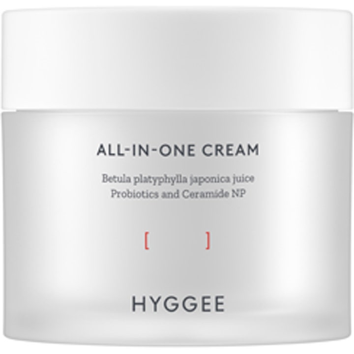 HYGGEE All-In-One Cream stärkande all-in-one ceramider kräm för ansiktet i en frostad vit glasburk med vitt lock.