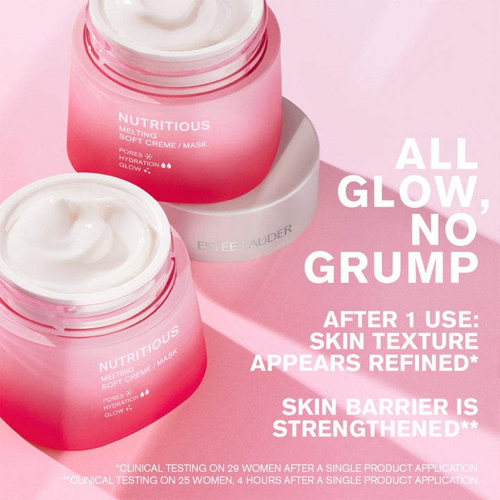 Estée Lauder Nutritious Melting Soft Cream Mask 50 ml i rosa burkar med krämig vit textur som ger glow.