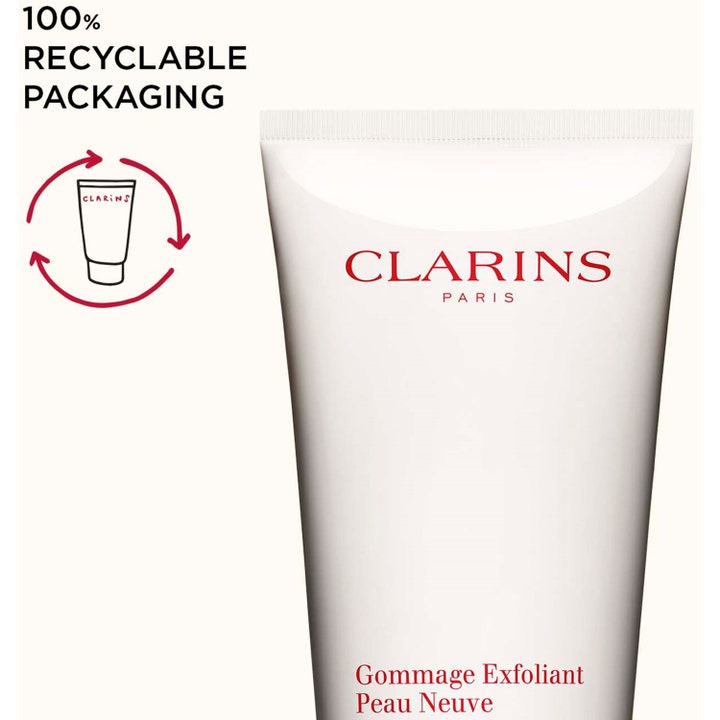 Clarins Exfoliating Body Scrub 200 ml i vit tub för mjuk hy med text om 100% återvinningsbar förpackning