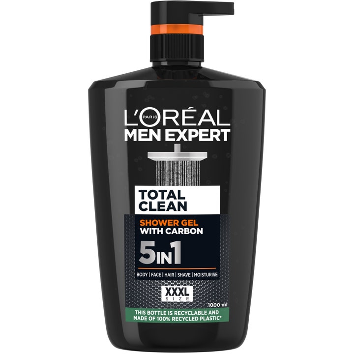 L’Oréal Men Expert Total Clean 1000 ml carbon duschgel för män 5 i 1 i stor svart plastflaska med praktisk pump