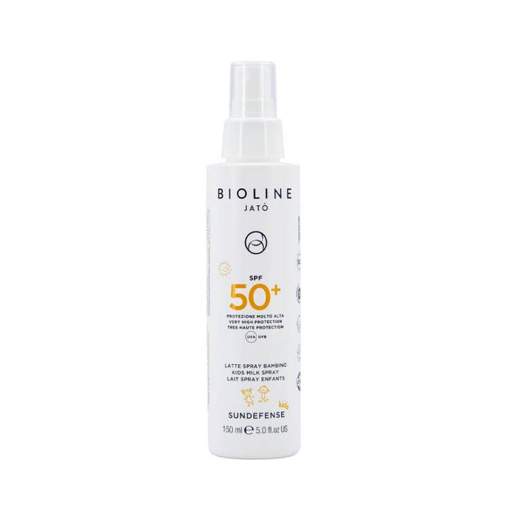 Bioline Jato Sundefense Kids Milk Spray 150 ml ger högt spf 50 barn solskydd i vit sprayflaska med orange text.