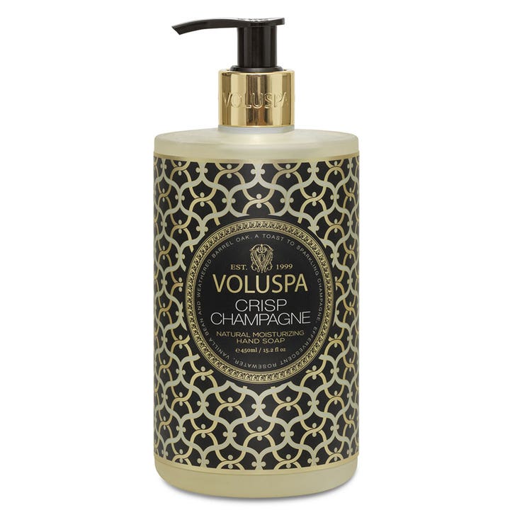 Voluspa Crisp Champagne 450 ml återfuktande handtvål med elegant handtvål design i guld och svart med pump
