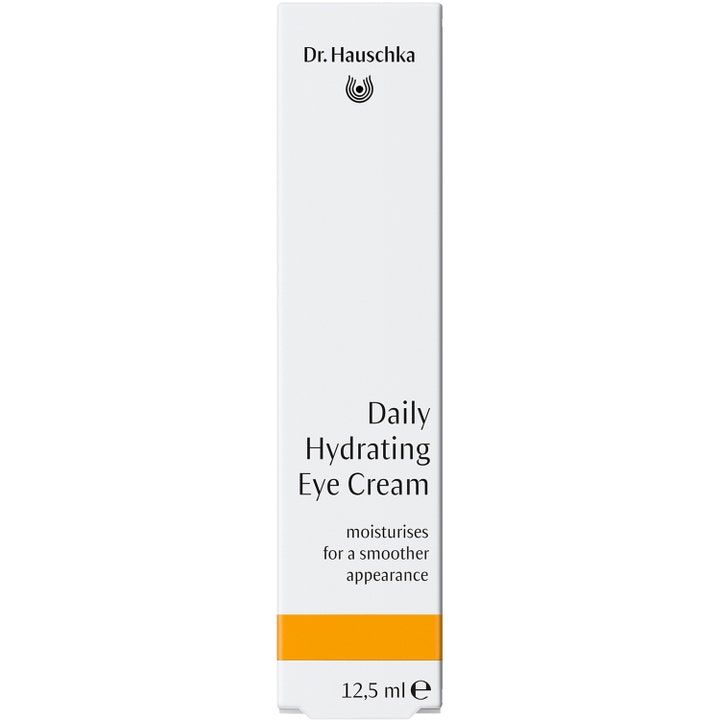 Dr. Hauschka Daily Hydrating Eye Cream 12,5 ml daglig återfuktande ögonkräm i vit ytterförpackning med orange band.