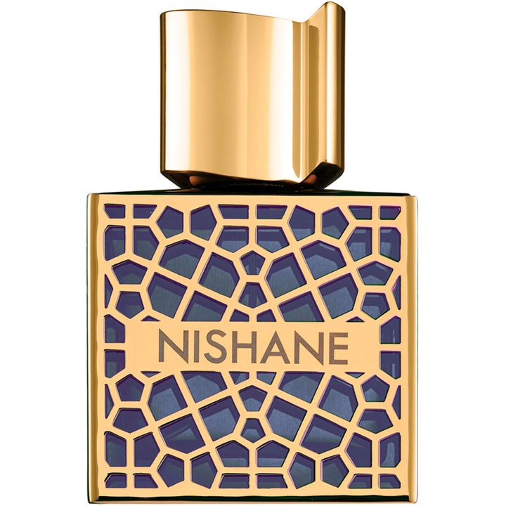 Nishane Mana Extrait de Parfum 50 ml lyxig parfym i guldflaska med geometriskt mönster och mörkblått glas