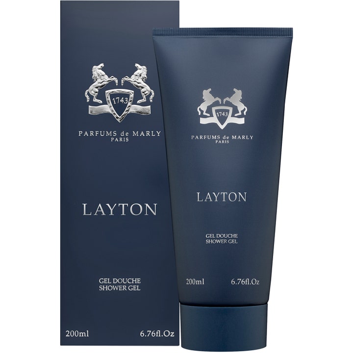 Parfums de Marly Layton 200 ml väldoftande duschtvål i en lyxig mörkblå tub och förpackning med silveremblem.