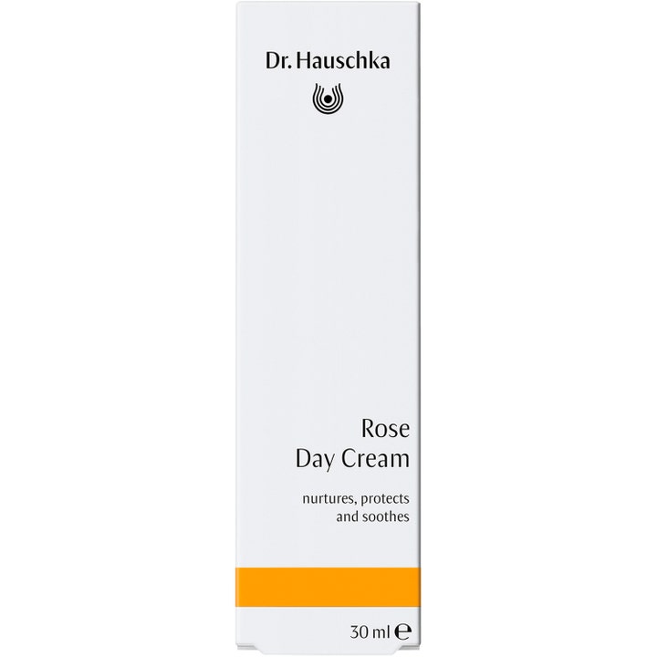 Dr. Hauschka Rose Day Cream 30 ml återfuktande dagkräm för känslig hud i vit ytterförpackning med orange detalj.