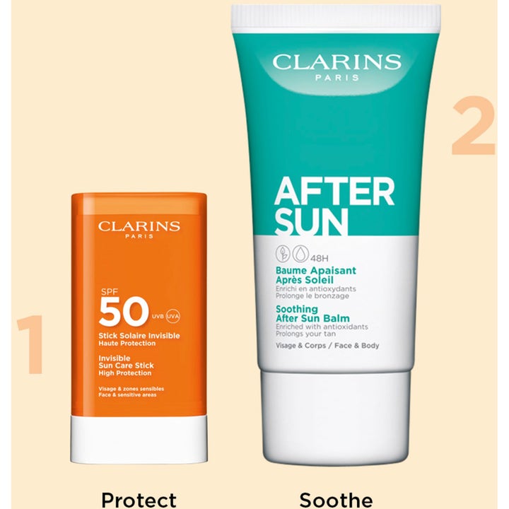 Clarins Invisible Sun Care Stick SPF50 17 g och After Sun Balm som skyddar och lugnar huden vid sol.