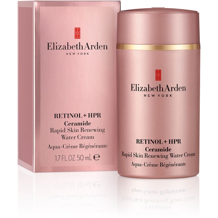 Elizabeth Arden Retinol Water Cream 50 ml rynkreducerande ansiktskräm i rosa metallisk pumpflaska och ask.