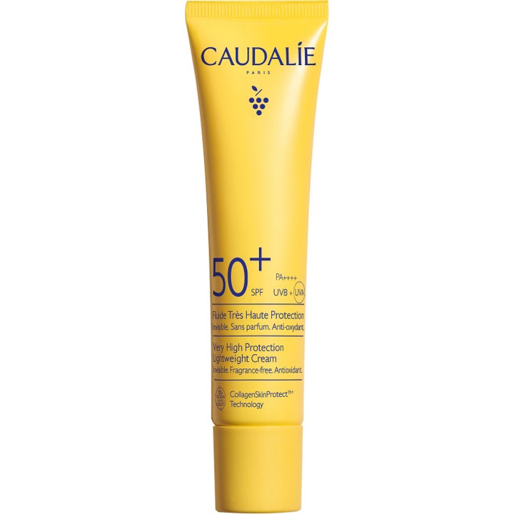Caudalie Vinosun SPF 50+ Lightweight Cream 40 ml skyddande solkräm i gul tub med blå text och druvlogotyp