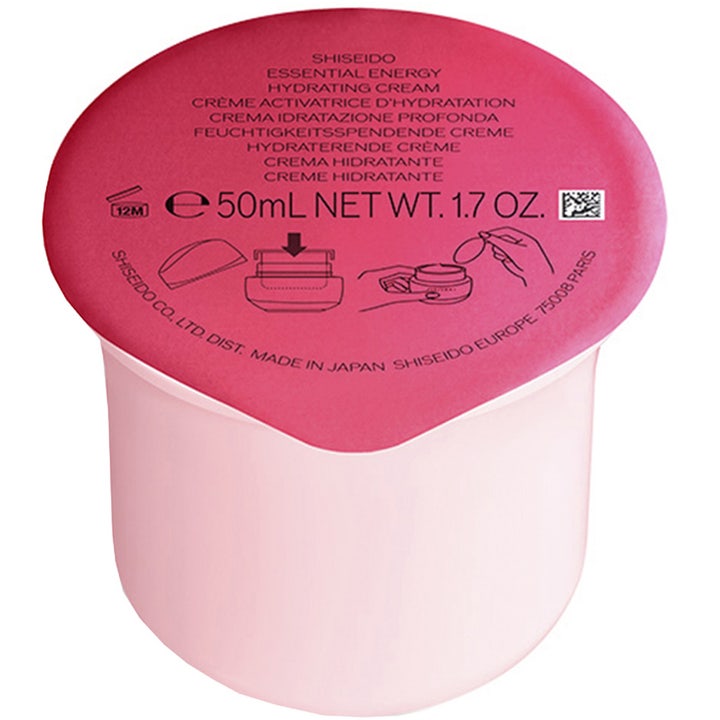 Shiseido Essential Energy Hydrating Cream 50 ml refillkräm i ljusrosa behållare med instruktioner på det mörkrosa locket.