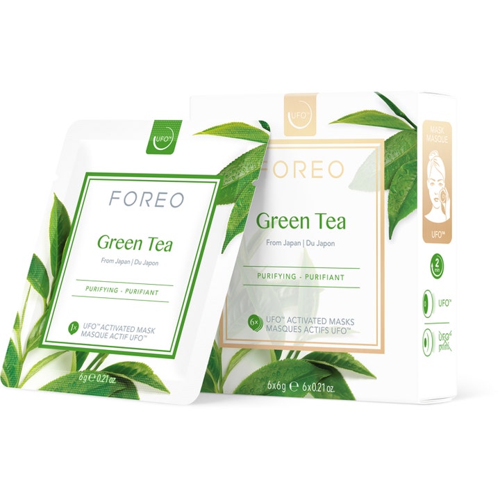 Foreo Green Tea UFO Activated Mask 6x6g renande anti-inflammation grönt te mask i vit box med gröna blad.