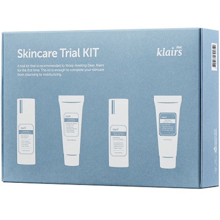 Klairs Skincare Trial KIT ansiktsvård startkit med 4 produkter i en ljusblå förpackning med vita illustrationer