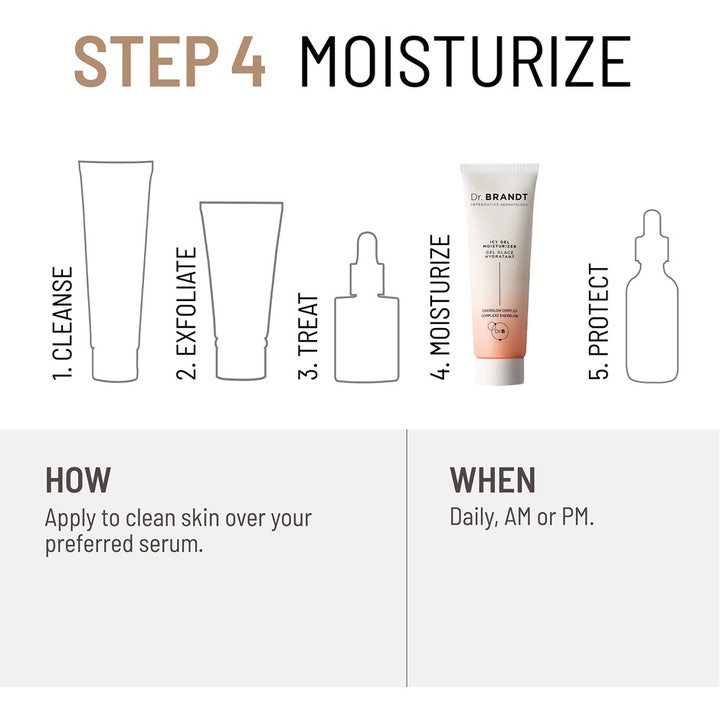Dr Brandt iD-STRESS Fatigue Fighting Eye Gel 15 g återfuktande gel i en infographic över en femstegs hudvårdsrutin.