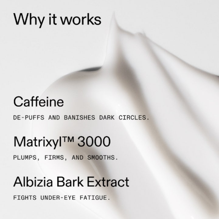 The INKEY List Caffeine Eye Cream 15 ml koffein ögonkräm mot trötta ögon visar en vit mjuk och krämig textur