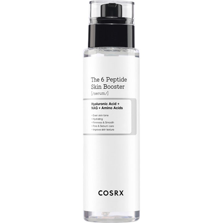 COSRX The 6 Peptide Skin Booster 150ml aminosyra återfuktande serum i en genomskinlig flaska med svart pump.