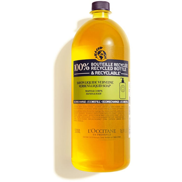 L'Occitane Verbena Liquid Soap 500 ml i en gul refillflaska av återvunnen plast som rengör händerna mjukt.