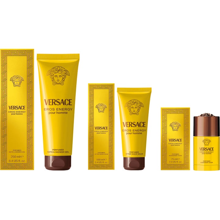 Versace Eros Energy After Shave Balm 100 ml aftershave rakbalsam i gul tub och ask bredvid matchande serie.
