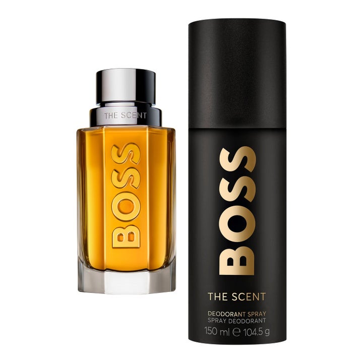 Hugo Boss Boss The Scent gåvoset 50ml och 150ml parfym för män med bärnstensfärgad glasflaska och matt svart deospray