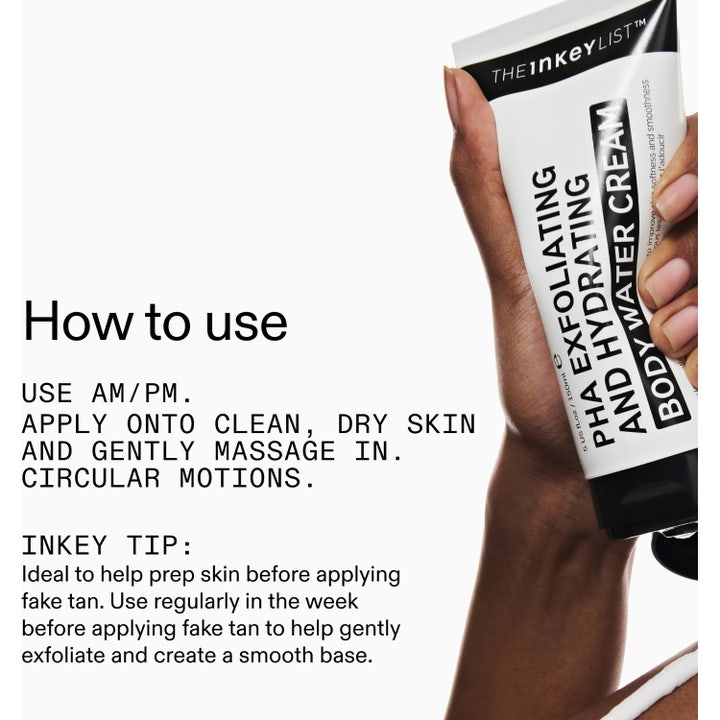 The INKEY List PHA Exfoliating and Hydrating Body Water Cream 150 ml ger PHA fukt i vit tub med texten How to use.